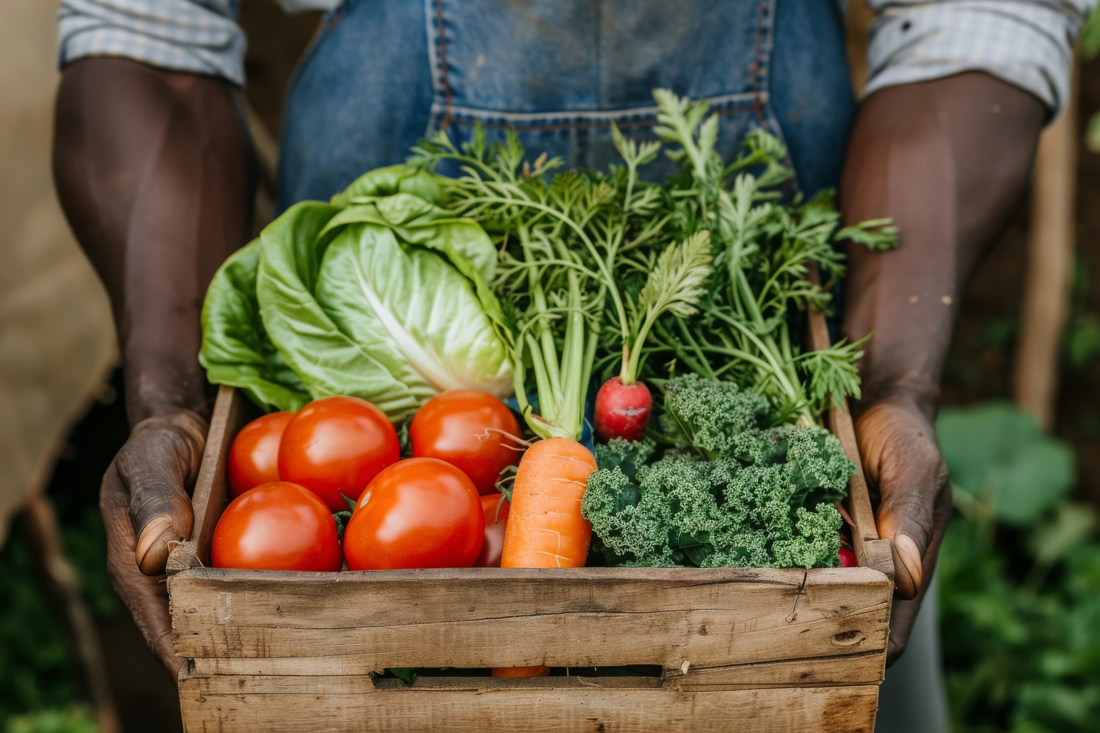 Fresh harvested vegetables in wooden crate